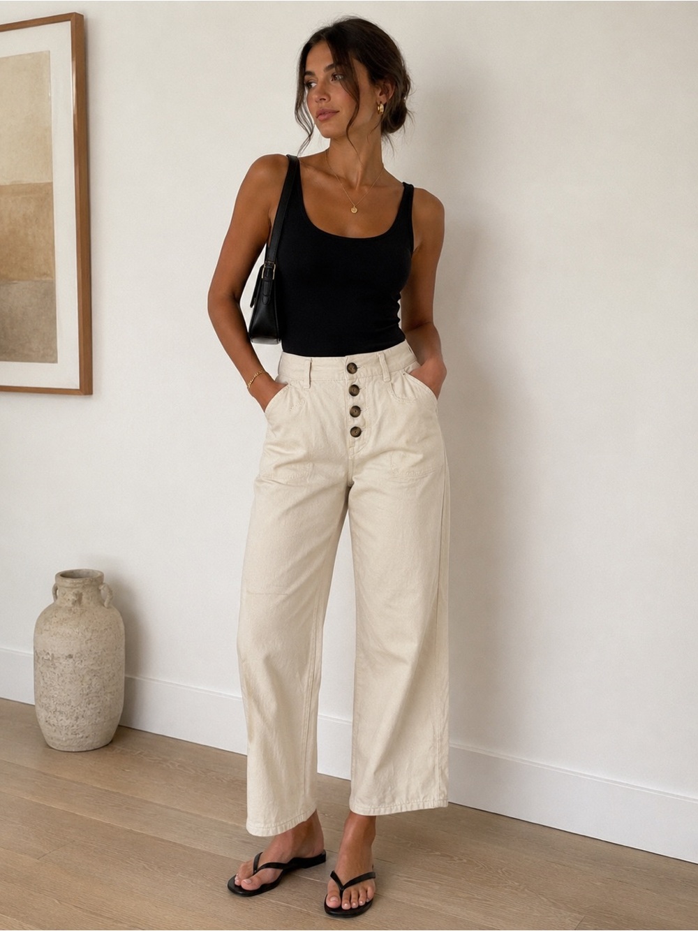 Zara Ecru High-Rise Button-Fly pants